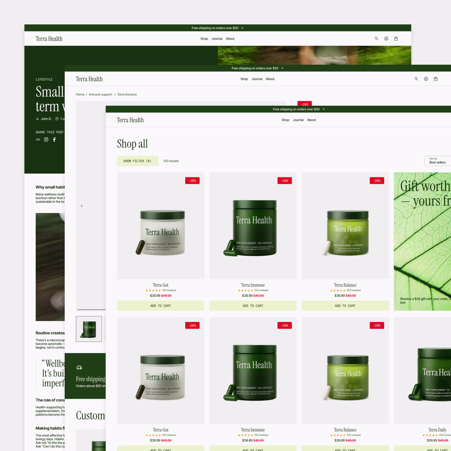 Custom Shopify store design covering About page, PLP, and PDP in a unified system