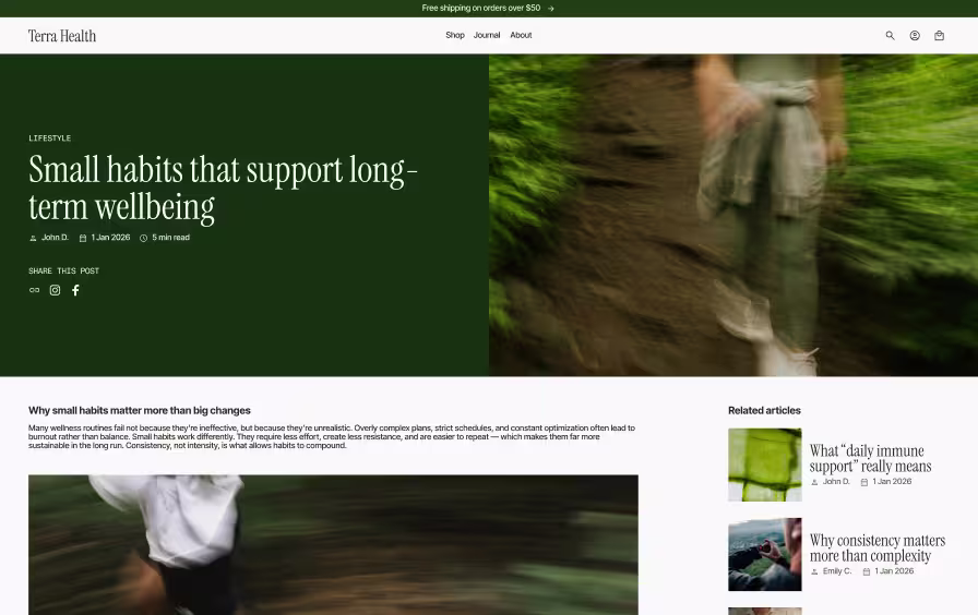 Shopify blog page design with article hero, author info, and related articles sidebar