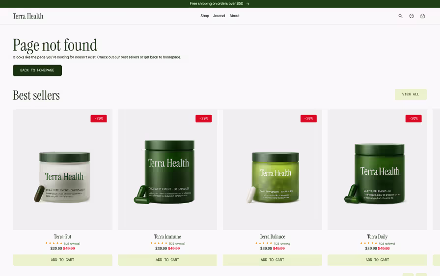 Shopify 404 page design with page not found message, back to homepage button, and best sellers grid