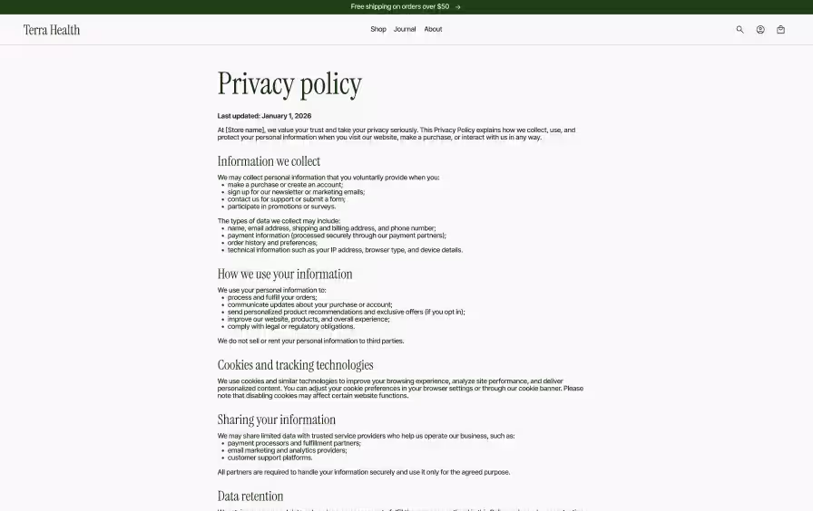 Shopify legal page design — privacy policy with clean typography and structured section headings