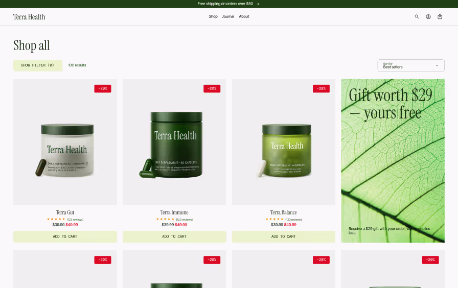 Shopify product list page design — grid layout with discount badges, reviews, and promotional banner
