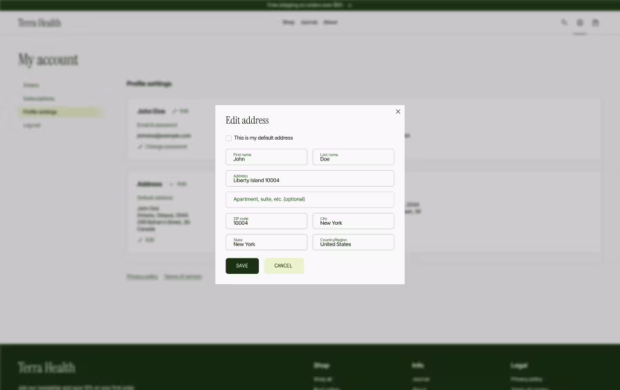 Shopify profile settings page with edit address modal showing shipping form fields