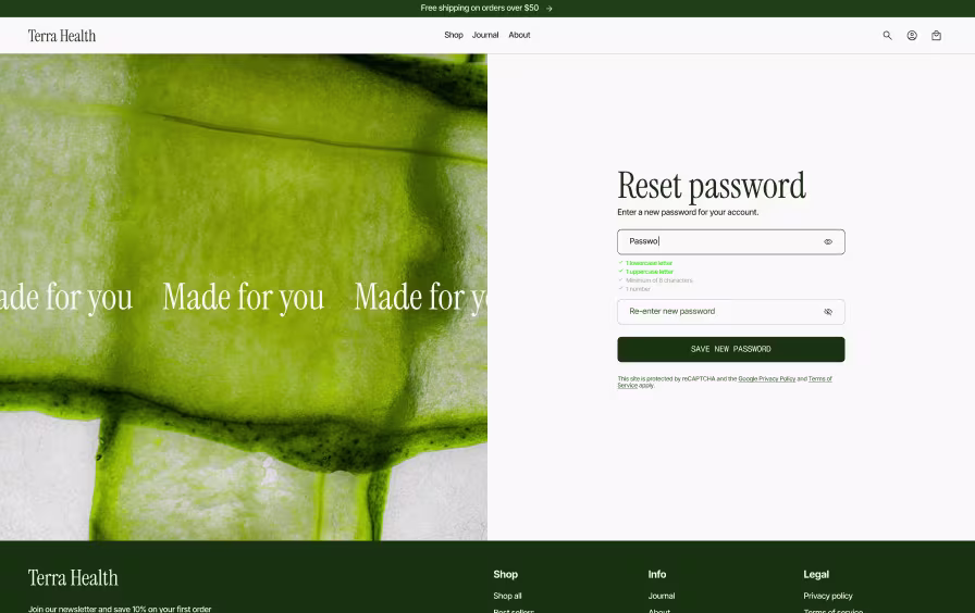 Shopify reset password page design with split layout, password validation checklist, and save button