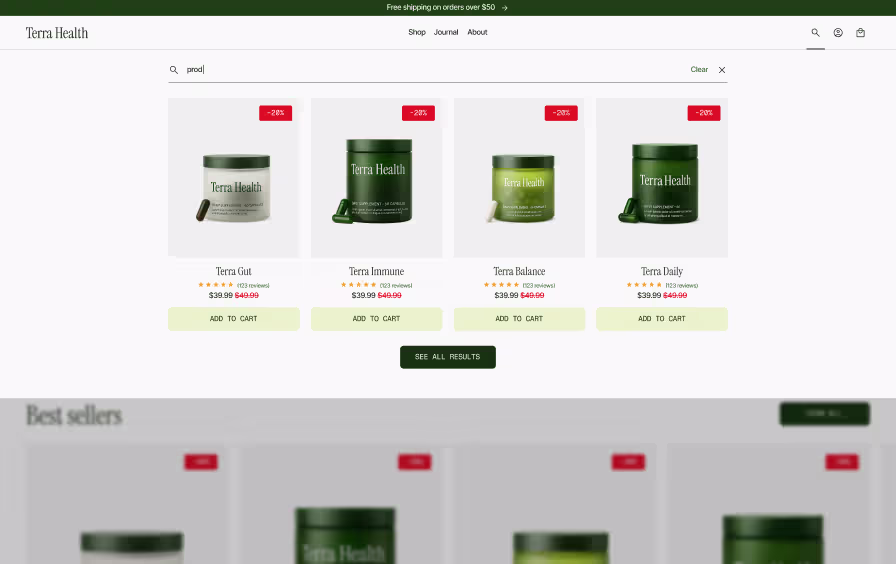 Shopify search results page design with product grid, discount badges, reviews, and add to cart