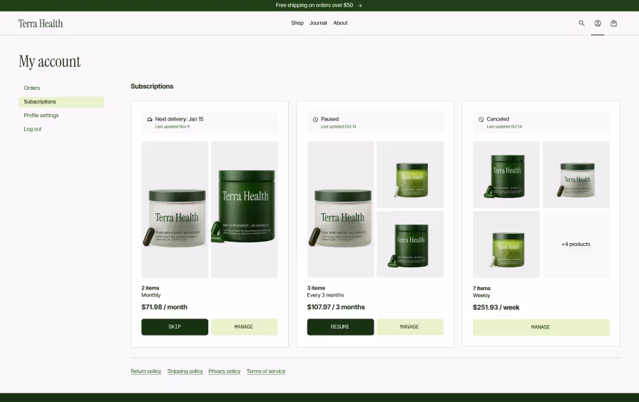 Shopify subscription management page design with active, paused, and canceled subscription cards
