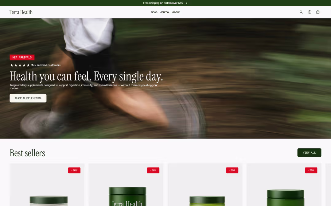 Shopify homepage hero block design from The Stack — full-width lifestyle image with CTA and social proof