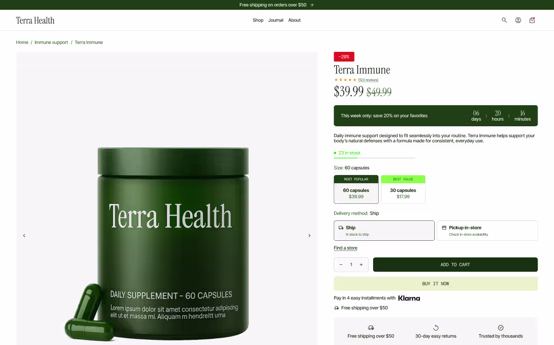 Shopify product page block example — conversion-optimized PDP with stock indicator and delivery options