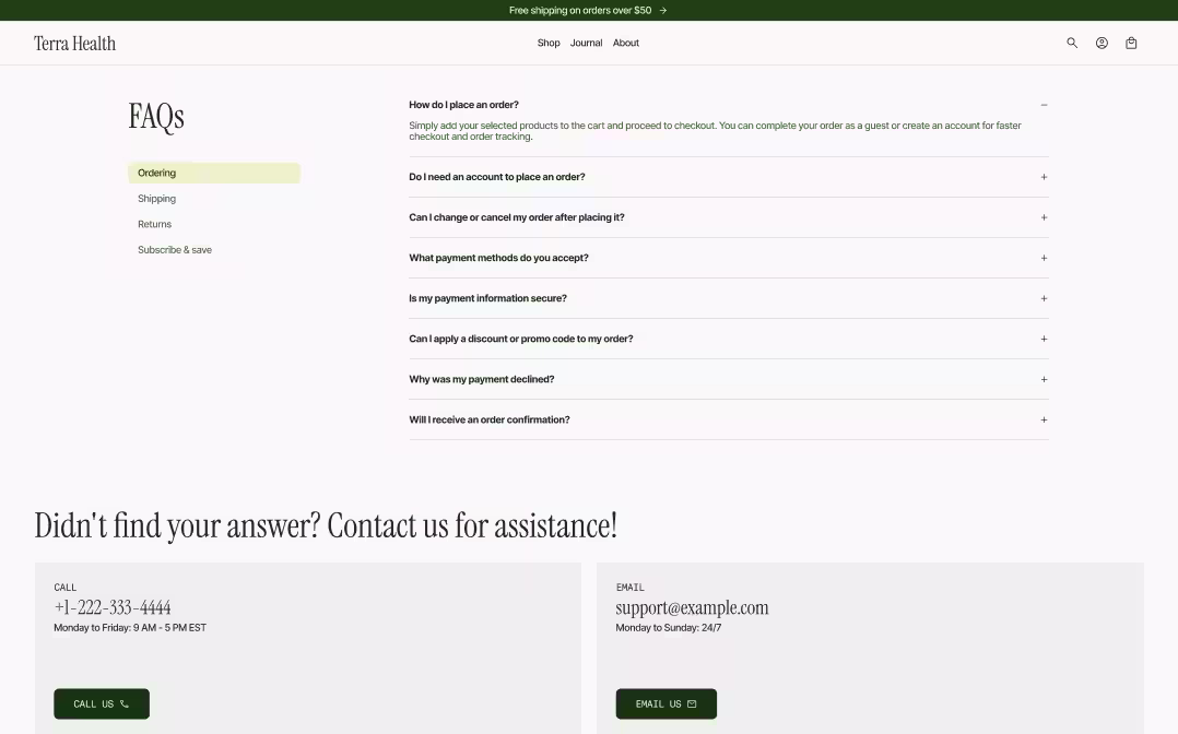Shopify support block design from The Stack — FAQ page with category sidebar, accordion, and contact section