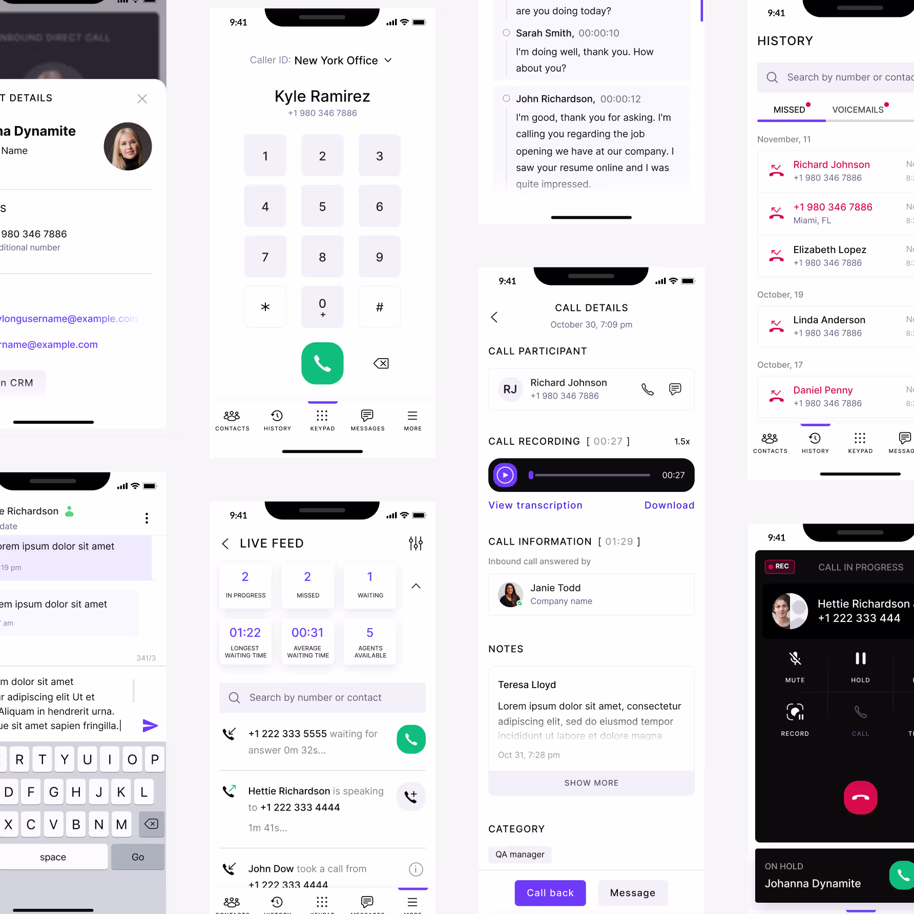 CloudCall iOS Android app design — multi-screen softphone with calling, messaging, and CRM integration