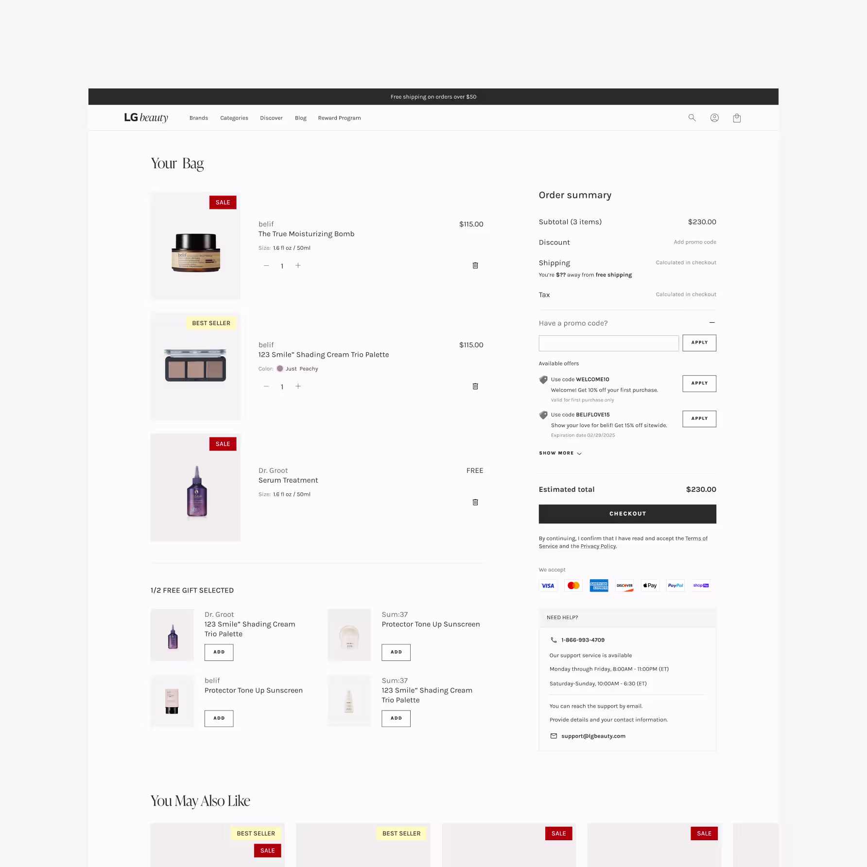 LGbeauty Shopify cart design — bag page with promo codes, available offers, free gift selector, and support block
