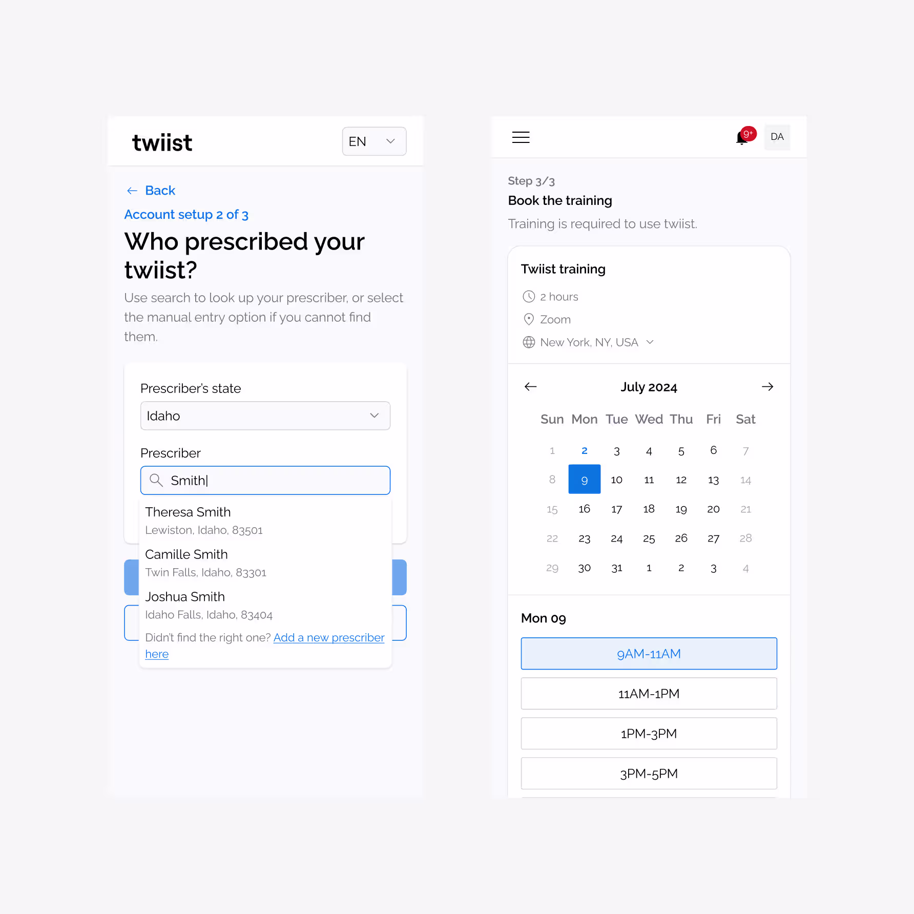 Sequel Med-Tech patient onboarding UI — account setup with prescriber lookup and Zoom training calendar
