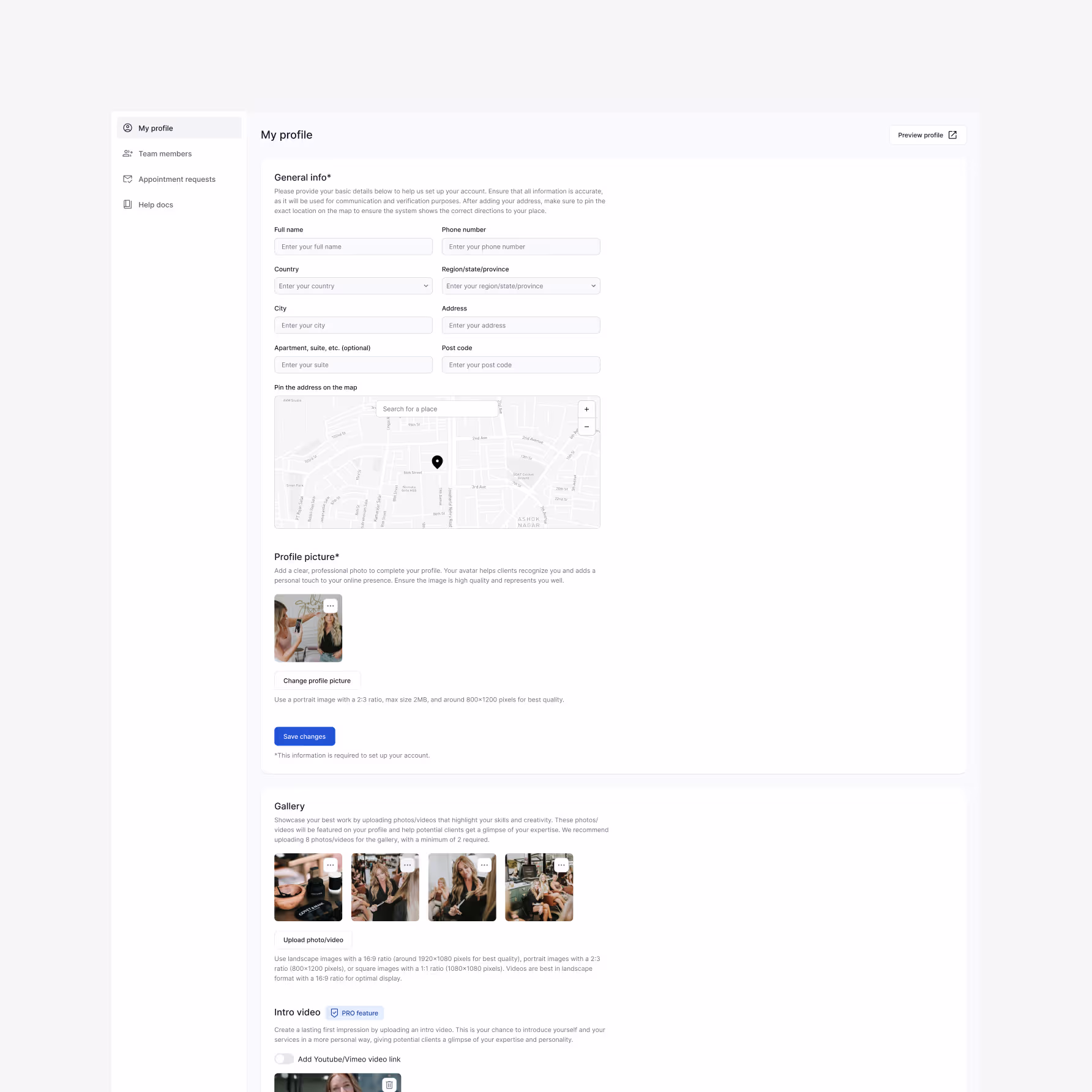 The Coveted stylist admin profile settings — general info with map pin, photo upload, gallery management, and intro video