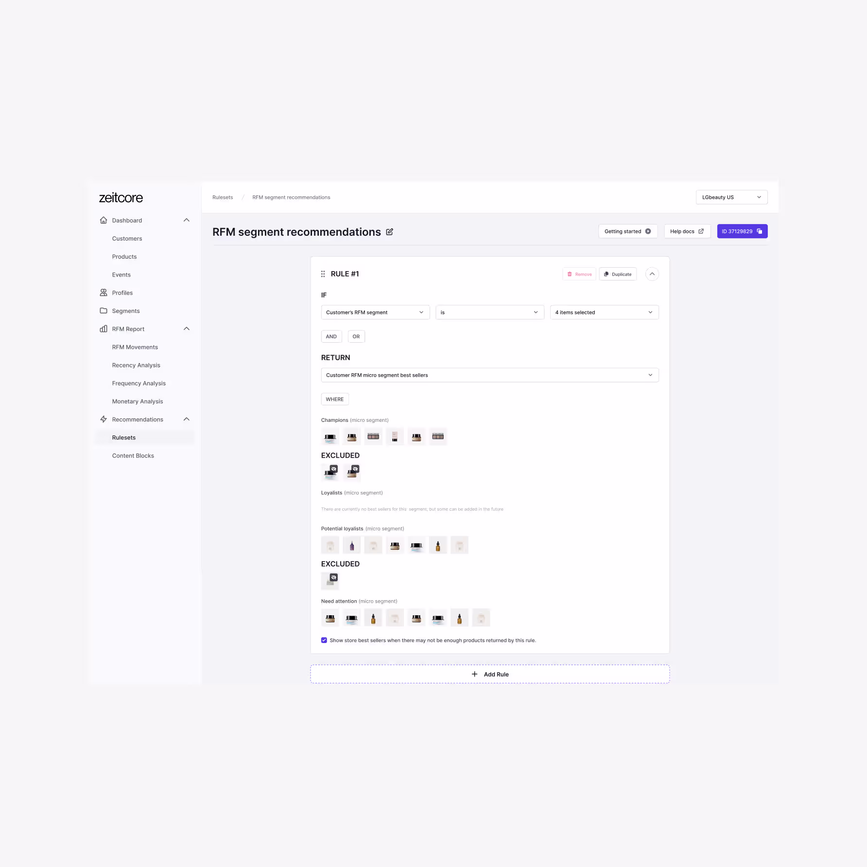 Zeitcore RFM segment ruleset design — product recommendation rules showing different products per segment with exclusions